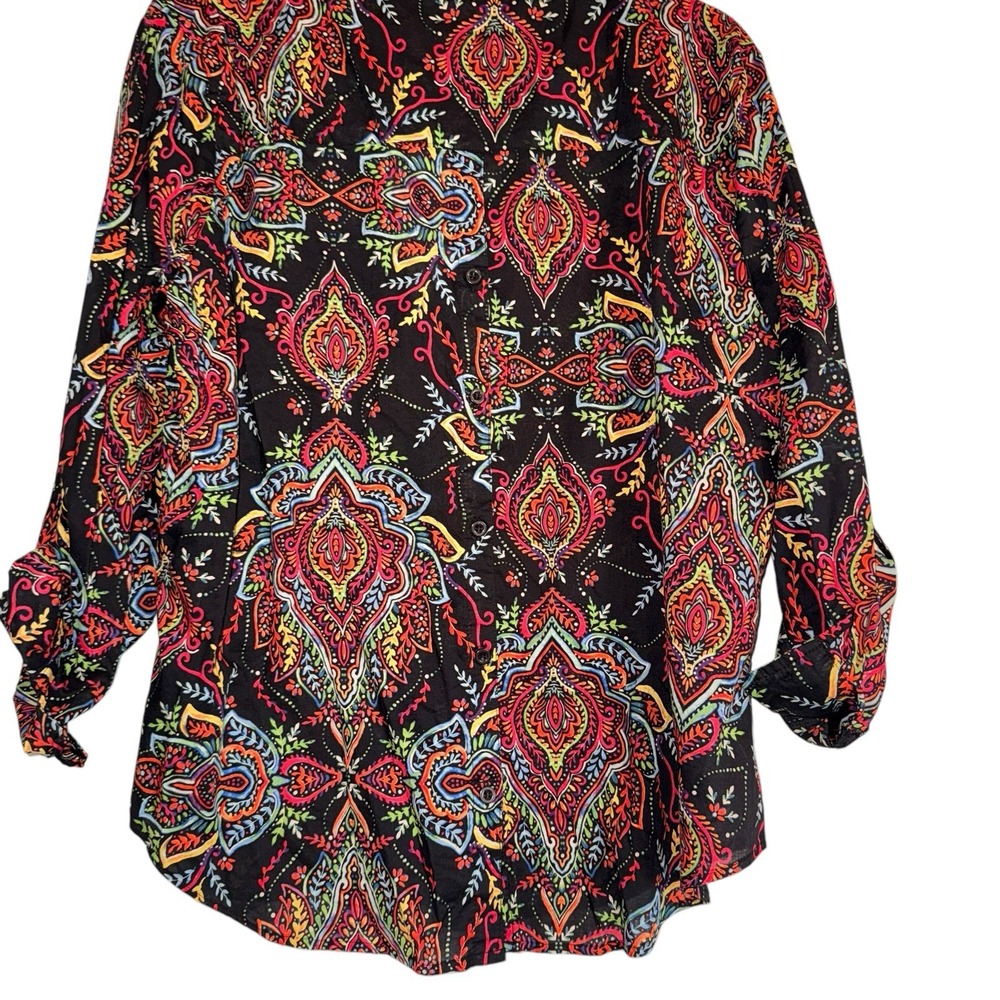 Soho Jeans Boho Paisley V-Neck Blouse XL Vibrant Festival Roll-Tab Top - Picture 3 of 9